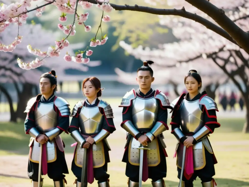 La solemnidad de los samuráis entre cerezos en flor Un grupo de samuráis Minamoto en armaduras tradicionales bajo los cerezos en flor, en honor a la Rebelión Seiwa Genji