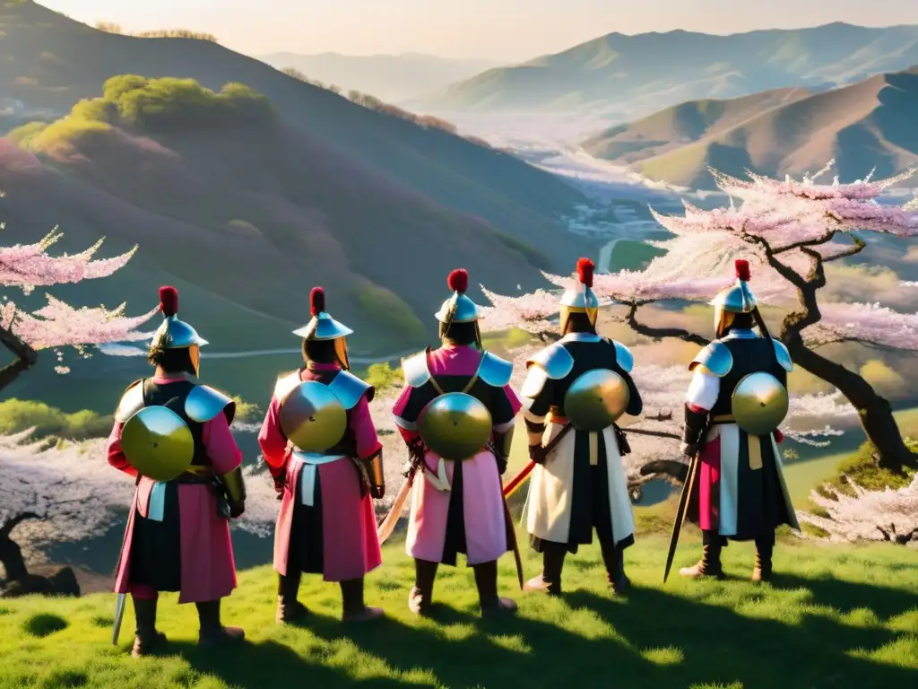 Samuráis en el valle de cerezos Un grupo de samuráis de la Rebelión Seiwa Genji Minamoto, solemnemente de pie en una colina, observa un valle lleno de árboles de cerezo en flor