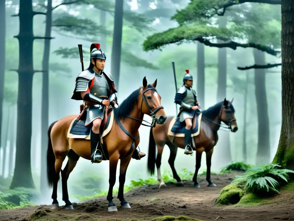 Rebelión Seiwa Genji: Samuráis en bosque místico Un grupo de samuráis Minamoto cabalga a través de un bosque neblinoso al amanecer, creando una atmósfera mística y antigua