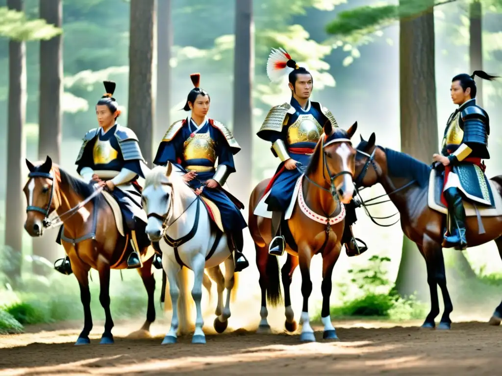 Grupo de samuráis modernos en armadura tradicional junto a sus caballos en un claro del bosque