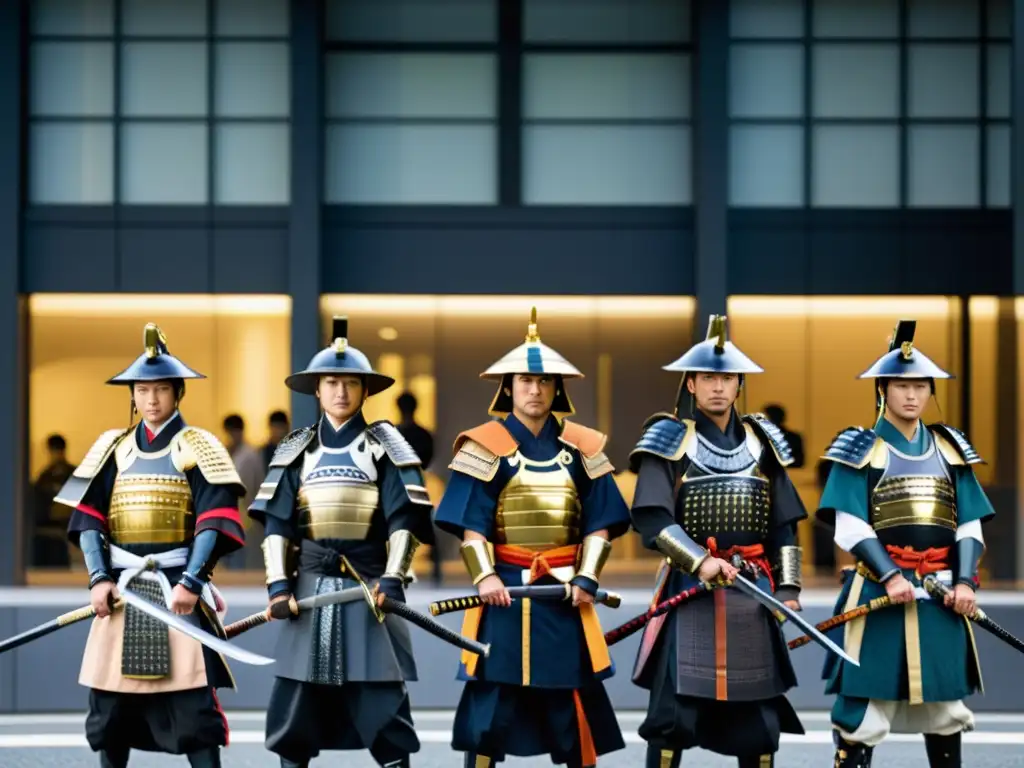 Un grupo de samuráis modernos con armaduras tradicionales y katanas frente a un edificio de oficinas en Tokio