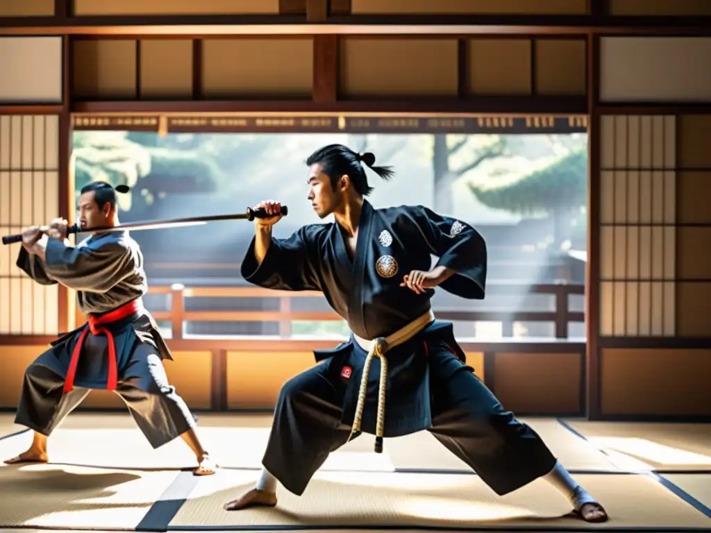 Un grupo de samuráis modernos practican artes marciales en un dojo tradicional, demostrando la disciplina del Confucianismo en la estrategia samurái
