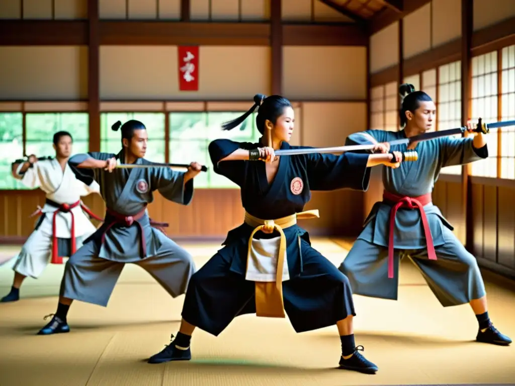 Un grupo de samuráis modernos realiza entrenamiento en un dojo, con movimientos precisos y concentración