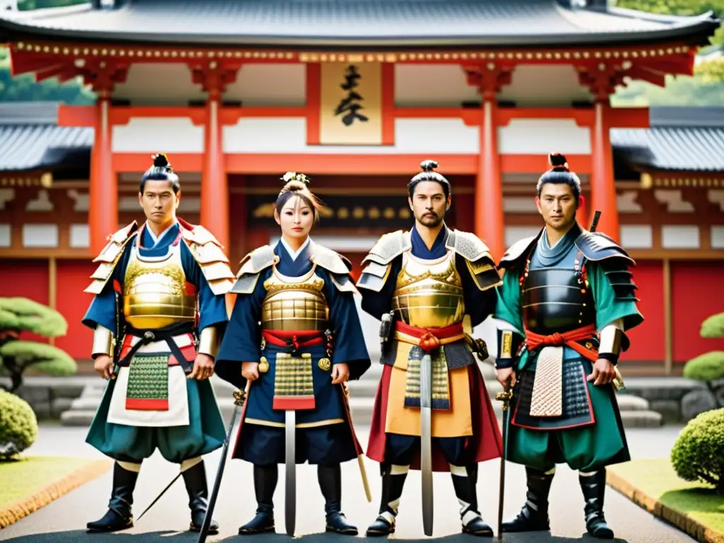 Un grupo de samuráis modernos en el festival Aoi Matsuri, con armaduras y vestimenta tradicional, frente a un templo japonés histórico