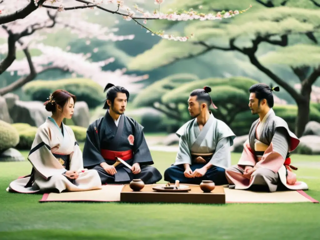 Grupo de samuráis modernos discuten poesía y música en jardín japonés, rodeados de cerezos en flor, fusionando tradición y modernidad