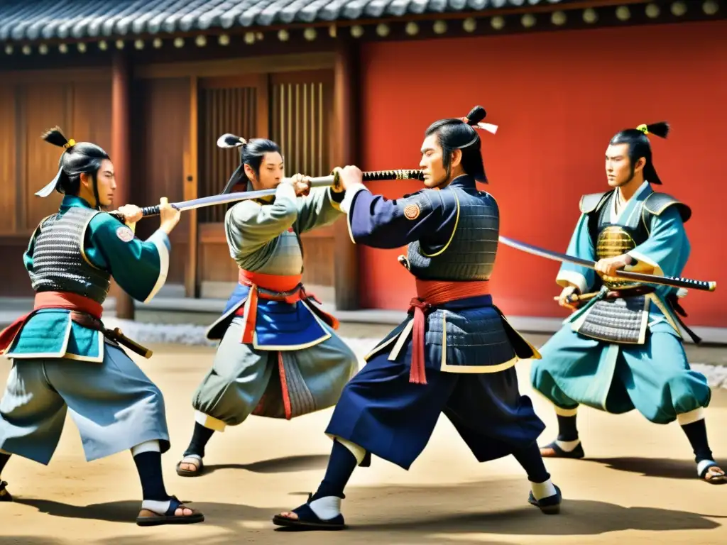 Grupo de samuráis entrenando con bokken en un patio soleado, demostrando disciplina y habilidades marciales