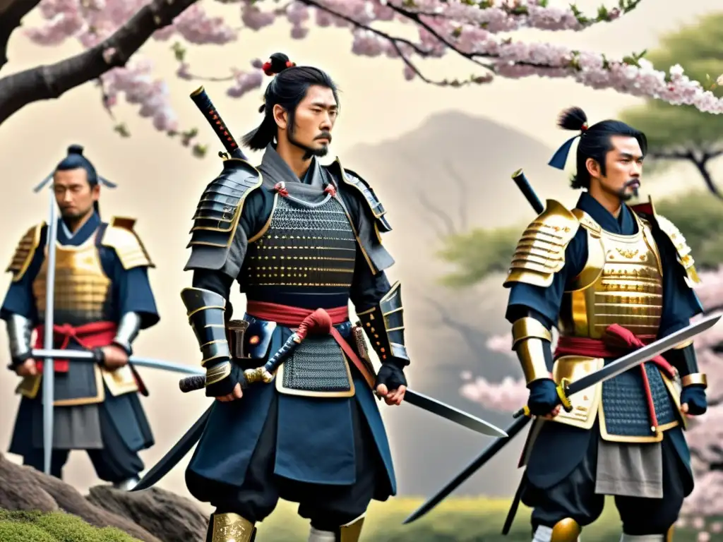 Un grupo de ronin samuráis de pie bajo un cerezo en flor, capturando la influencia de los ronin samuráis en la historia japonesa