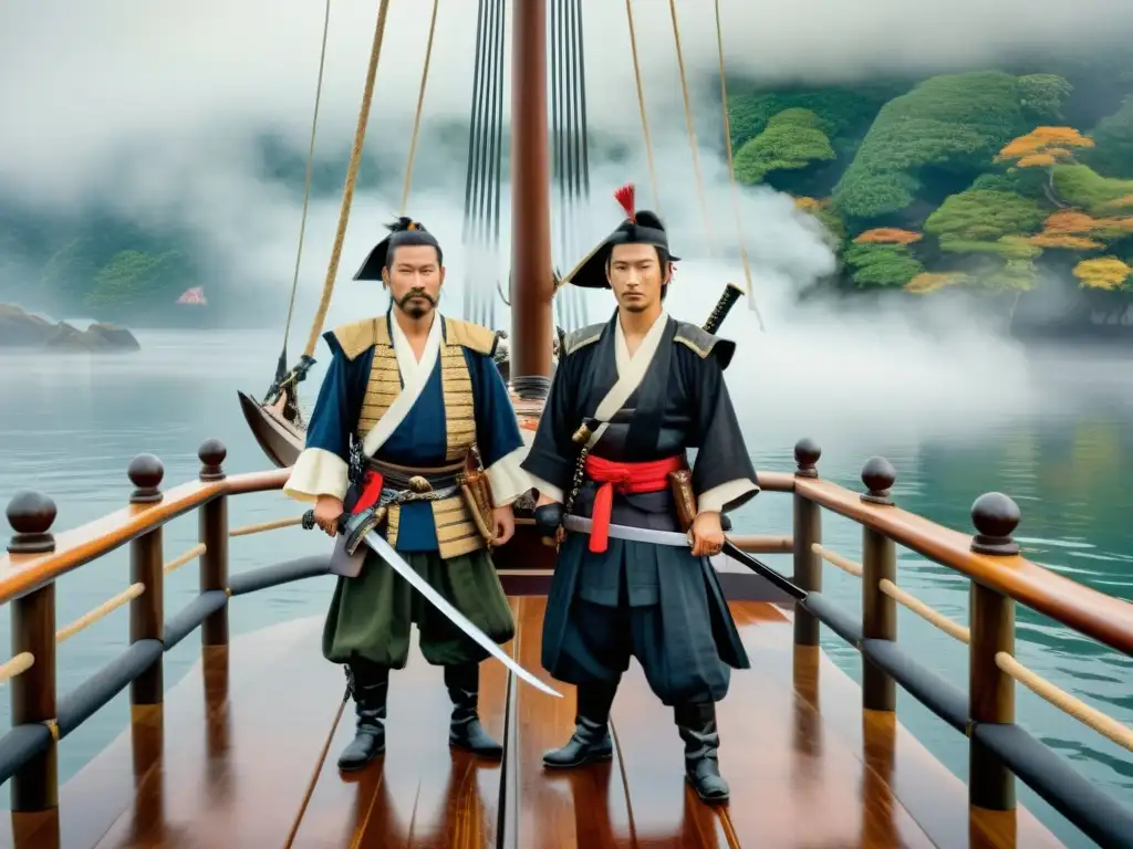 Grupo de reenactores samuráis piratas en misterioso barco japonés