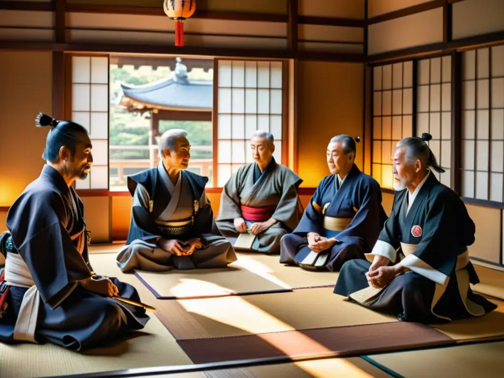 Grupo de samuráis retirados discuten estrategias económicas en casa tradicional japonesa, en transición a nueva vida