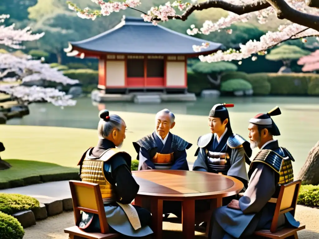 Un grupo de samuráis retirados en un jardín japonés, disfrutando de una tranquila reunión al atardecer