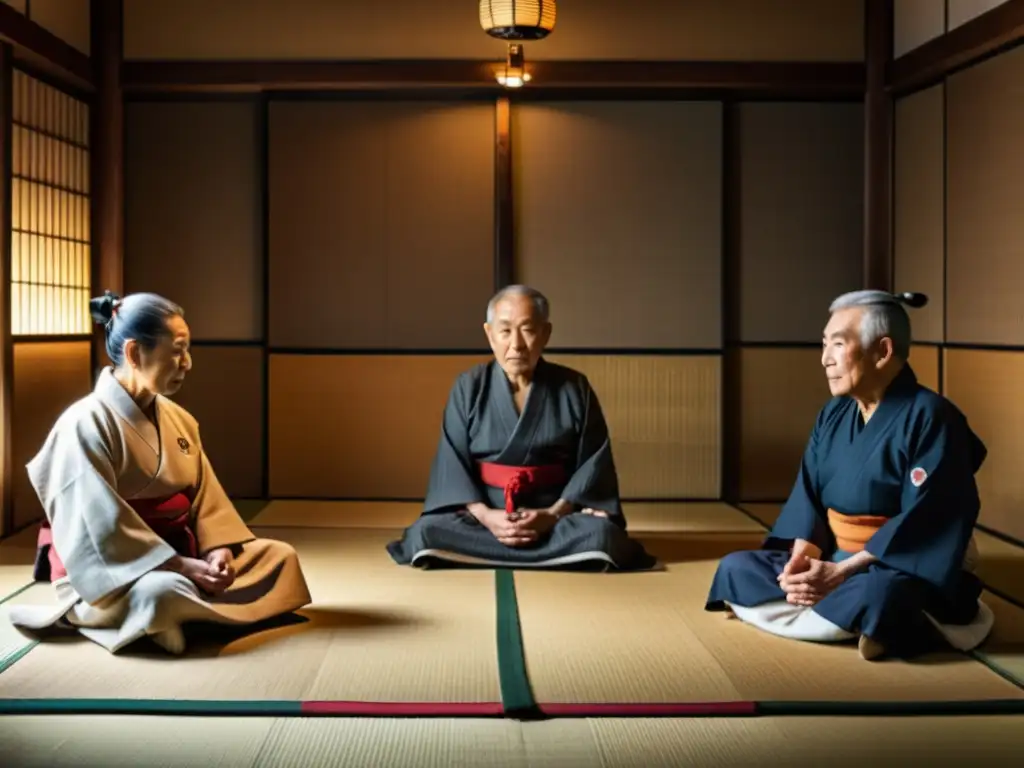 Un grupo de samuráis retirados se reúnen en una sala tradicional japonesa para discutir asuntos políticos