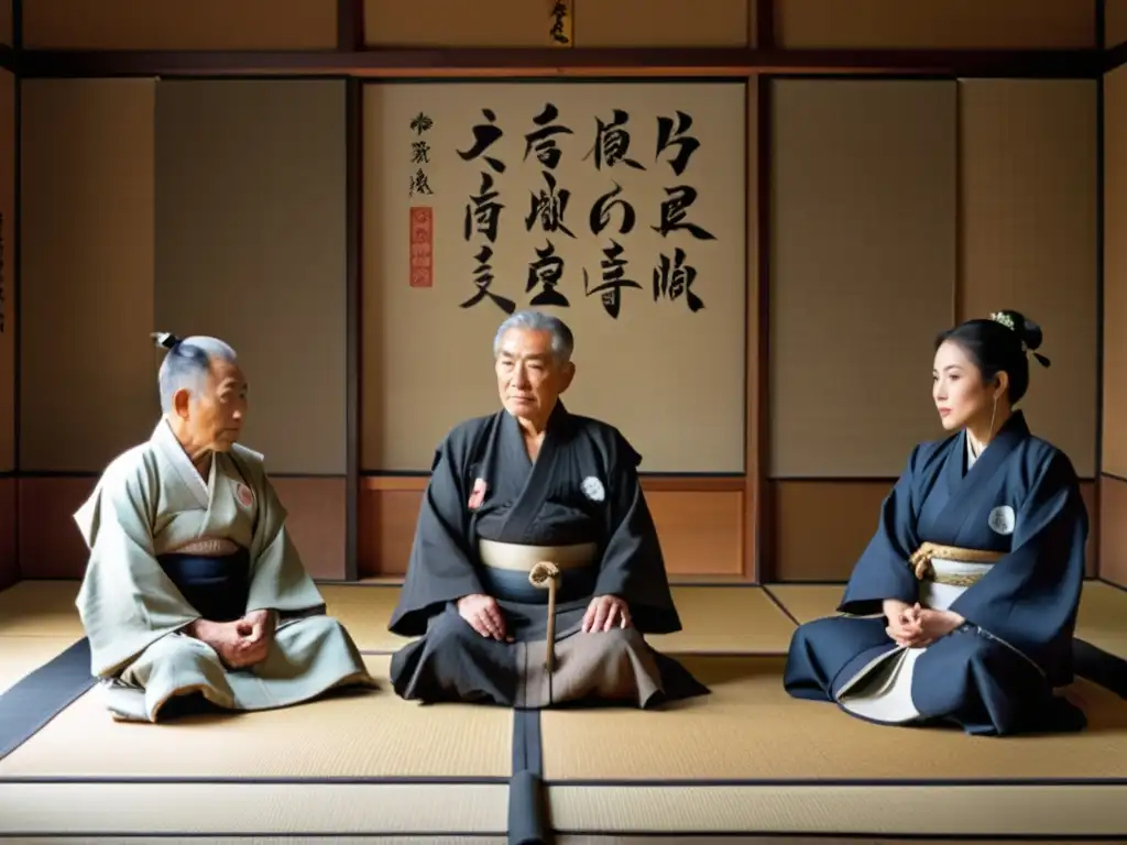 Un grupo de samuráis retirados en una sala tradicional japonesa, mostrando la transición de samuráis retirados en un ambiente solemne y reflexivo