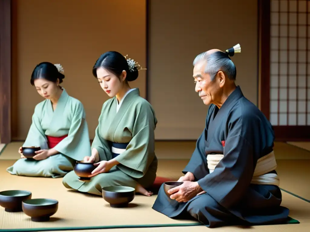 Un grupo de samuráis retirados participando en una tranquila ceremonia del té, mostrando la transición de samuráis retirados en Japón