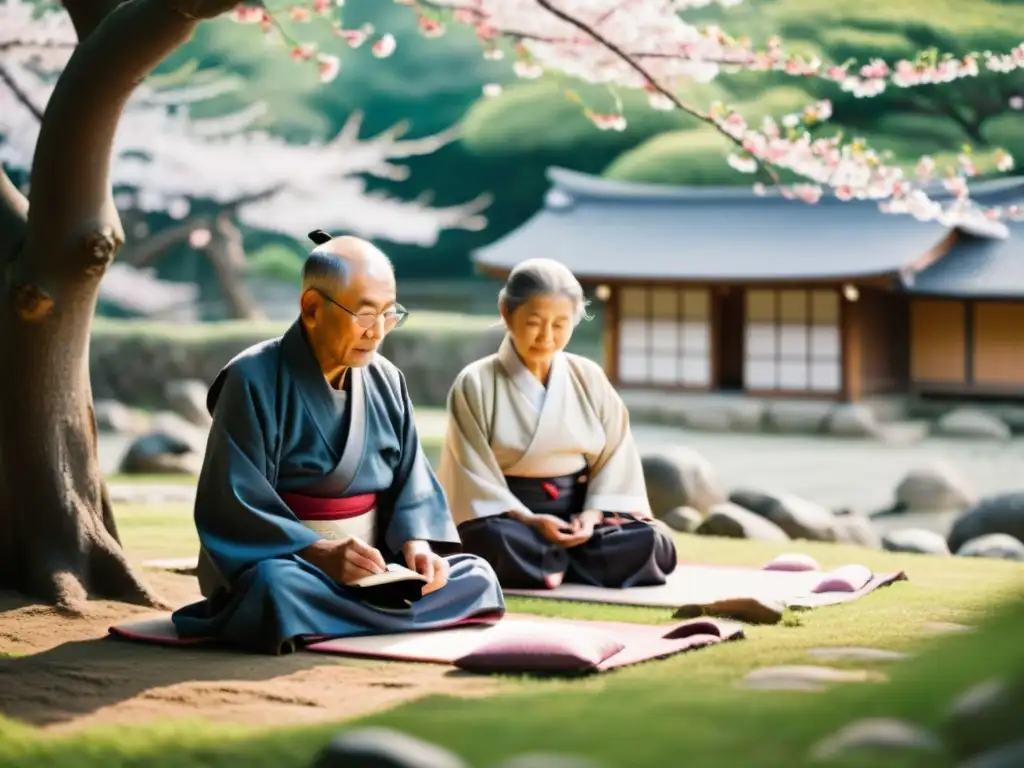 Grupo de samuráis retirados practicando calligrafía y meditación en un jardín tranquilo, rodeados de árboles de cerezo