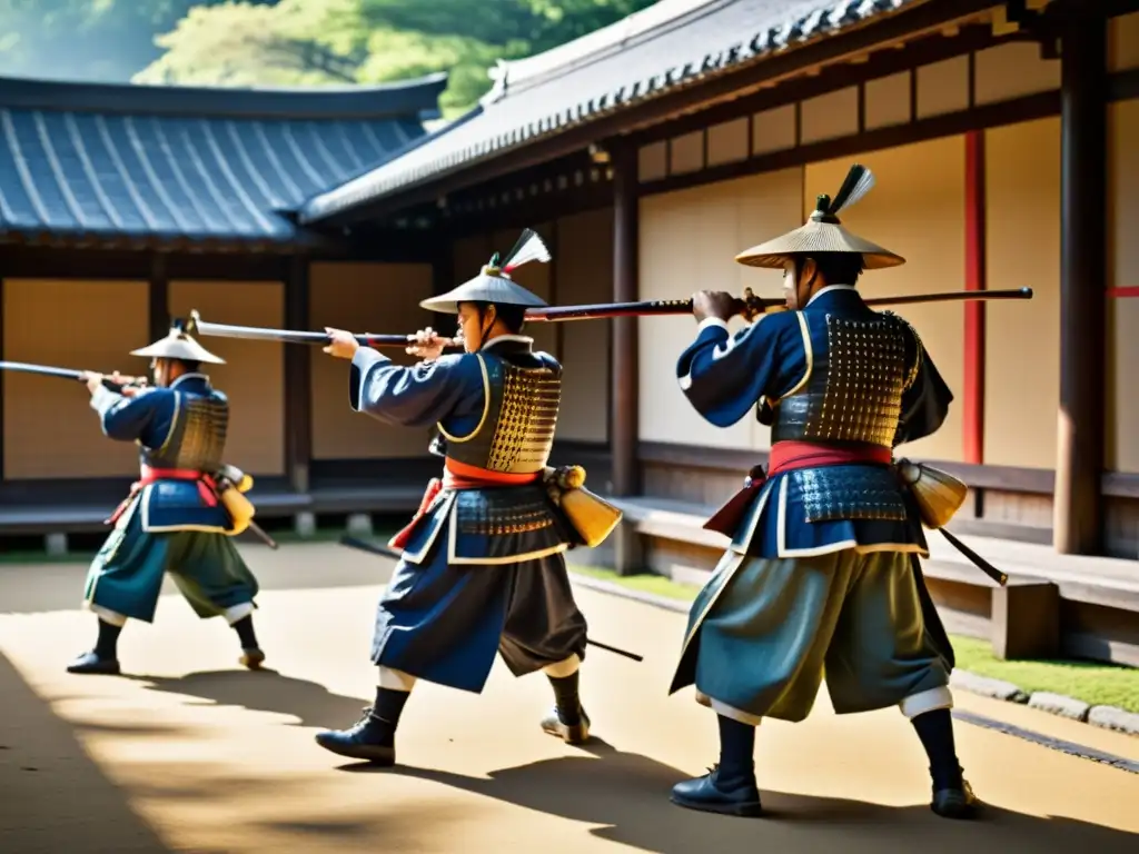 Un grupo de samuráis entrena con rifles matchlock en un patio japonés, fusionando tradición y tecnología