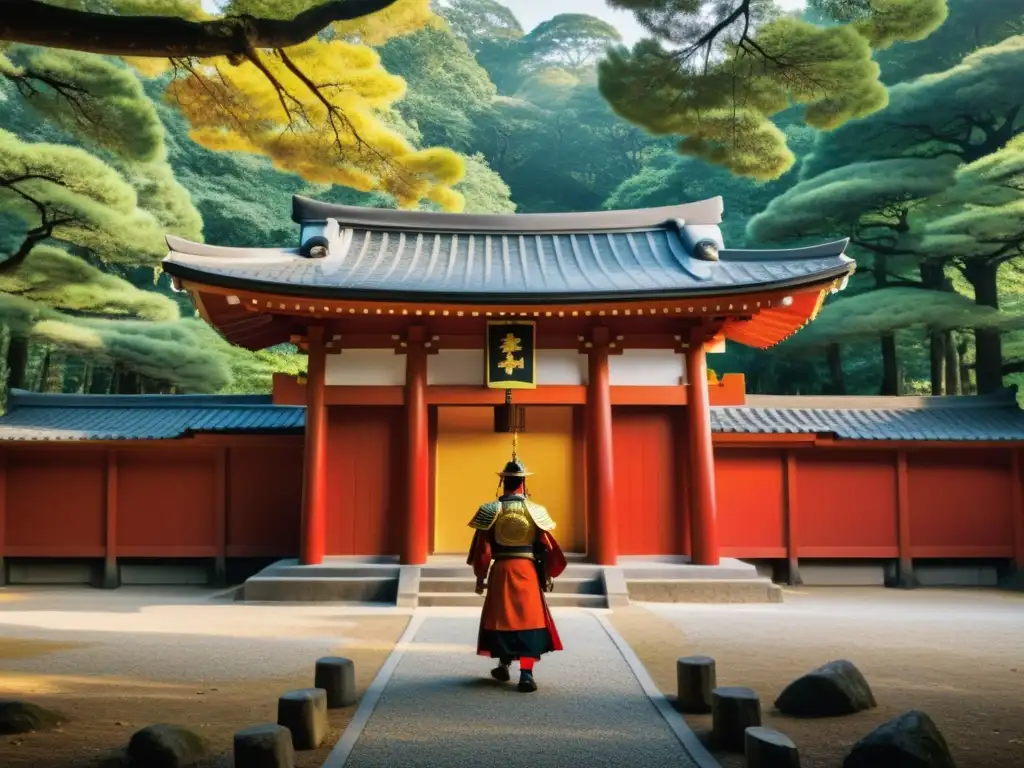 Un grupo de samuráis participa en un ritual en un santuario Shinto en un hermoso paisaje boscoso, evocando la religión y rituales en samuráis