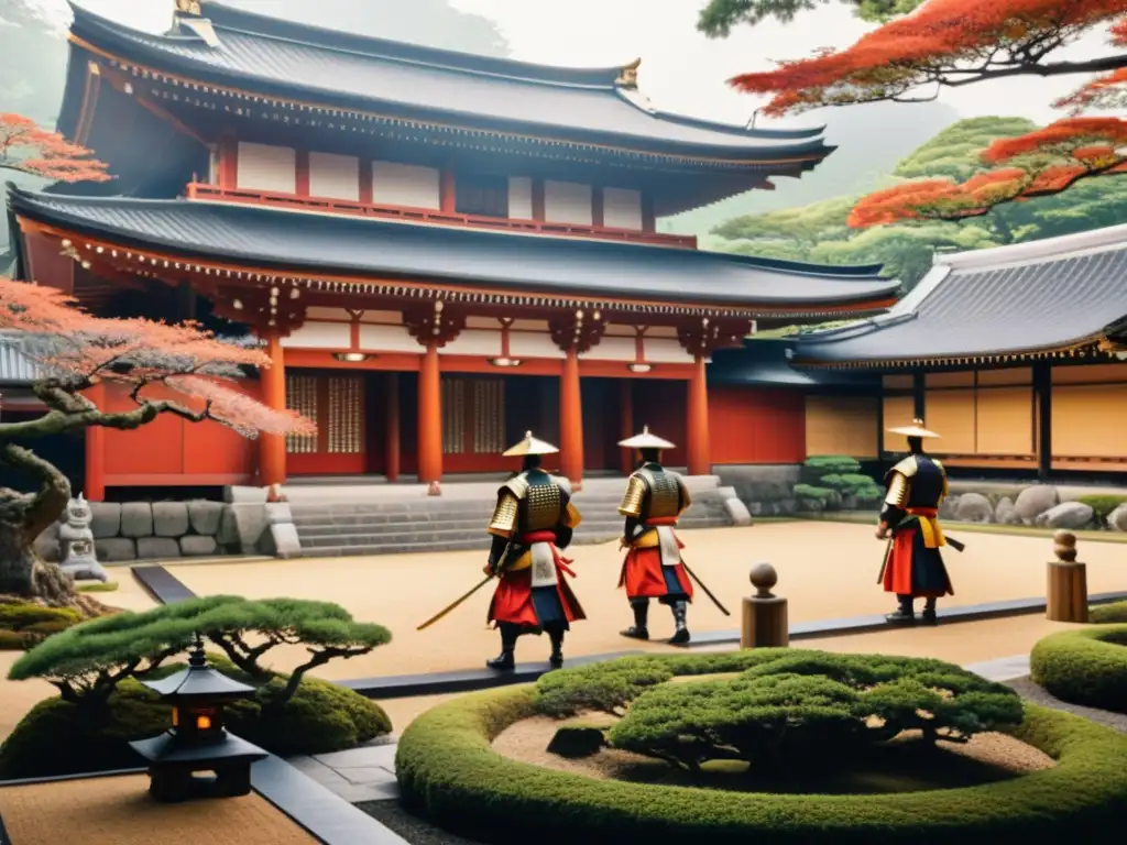 Grupo de samuráis participando en rituales confucianos en templo japonés