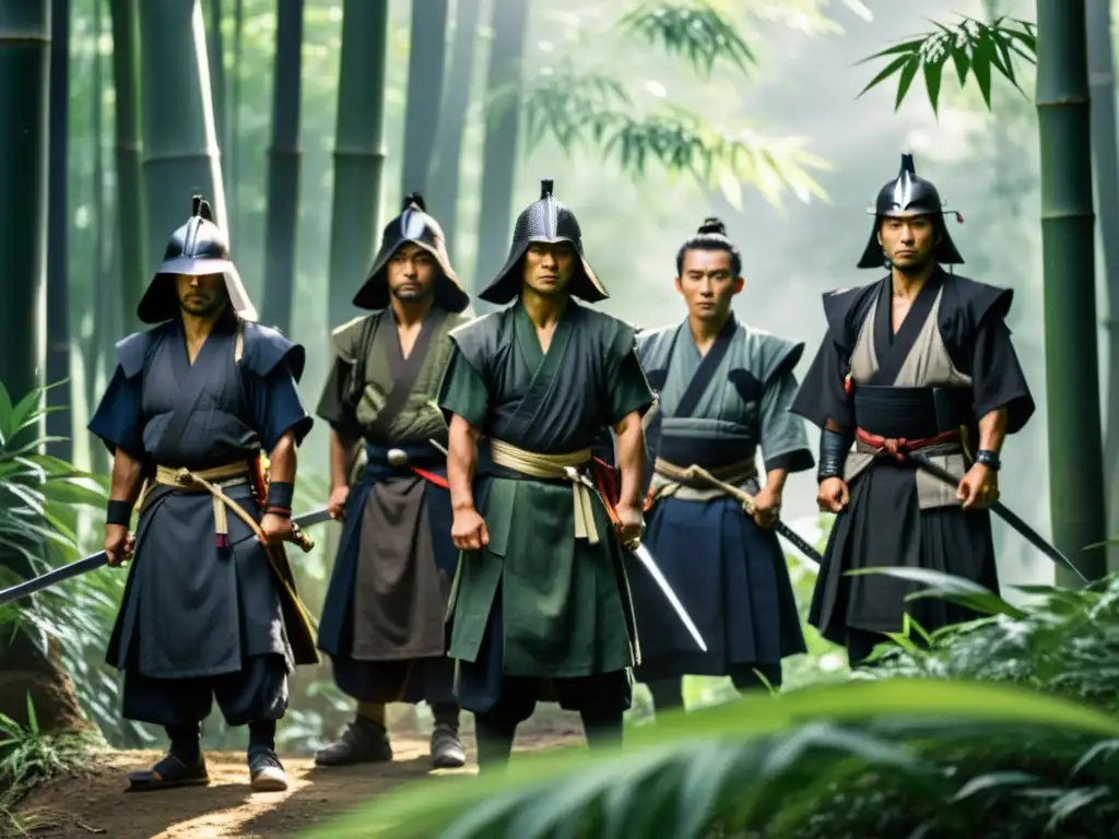 Un grupo de samuráis ronin se prepara para la Rebelión de Keian en un bosque de bambú, con expresiones serias y decididas, listos para la batalla