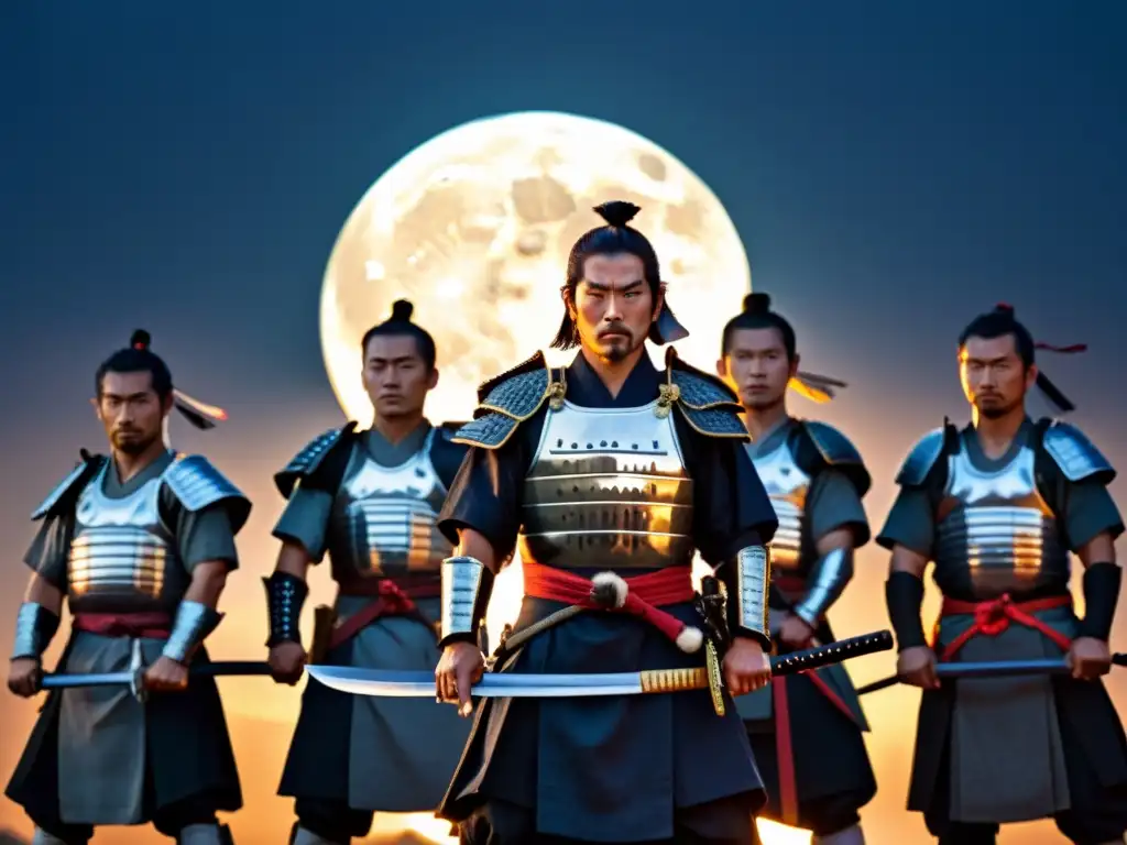 Un grupo de samuráis ronin se prepara para la Rebelión de Keian bajo la luna, reflejando determinación y desafío