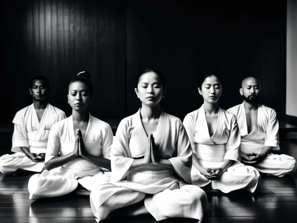 Grupo de samuráis en meditación Zazen, reflejando serenidad y disciplina en su entrenamiento