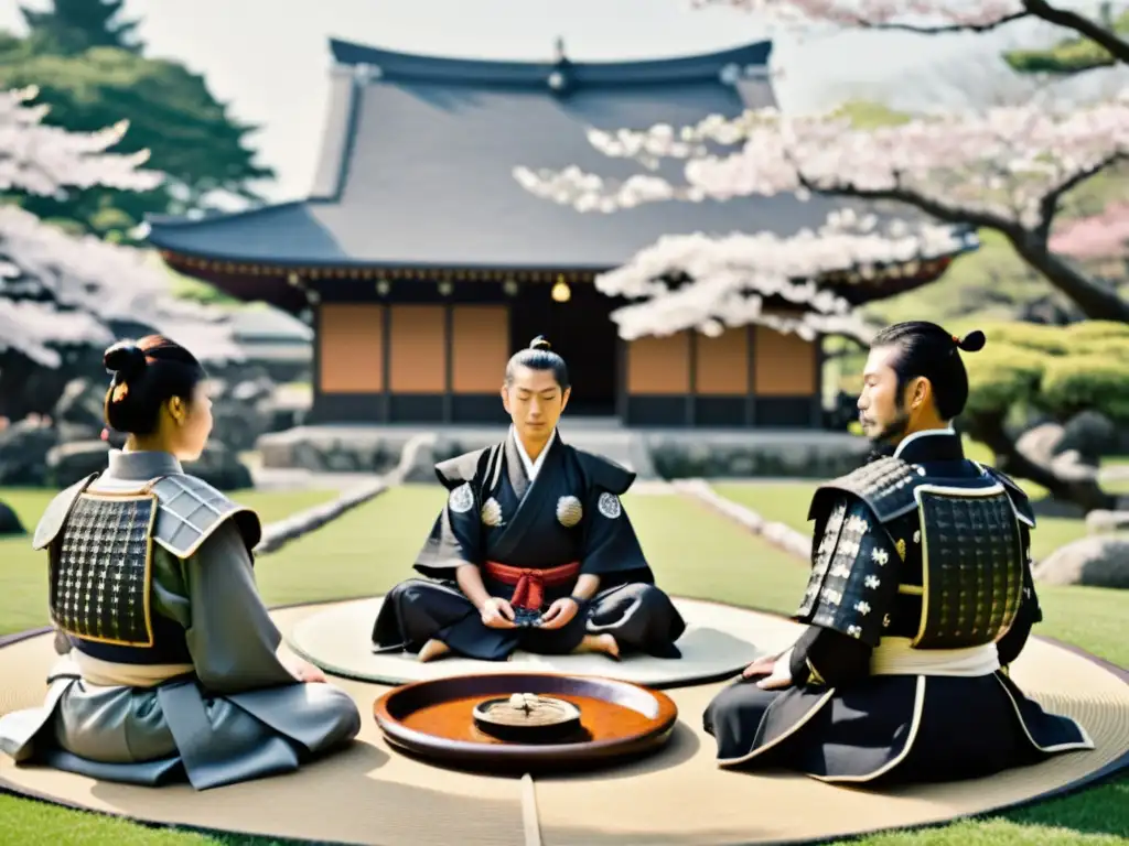 Un grupo de samuráis medita en un jardín sereno con árboles de cerezos y un templo japonés al fondo