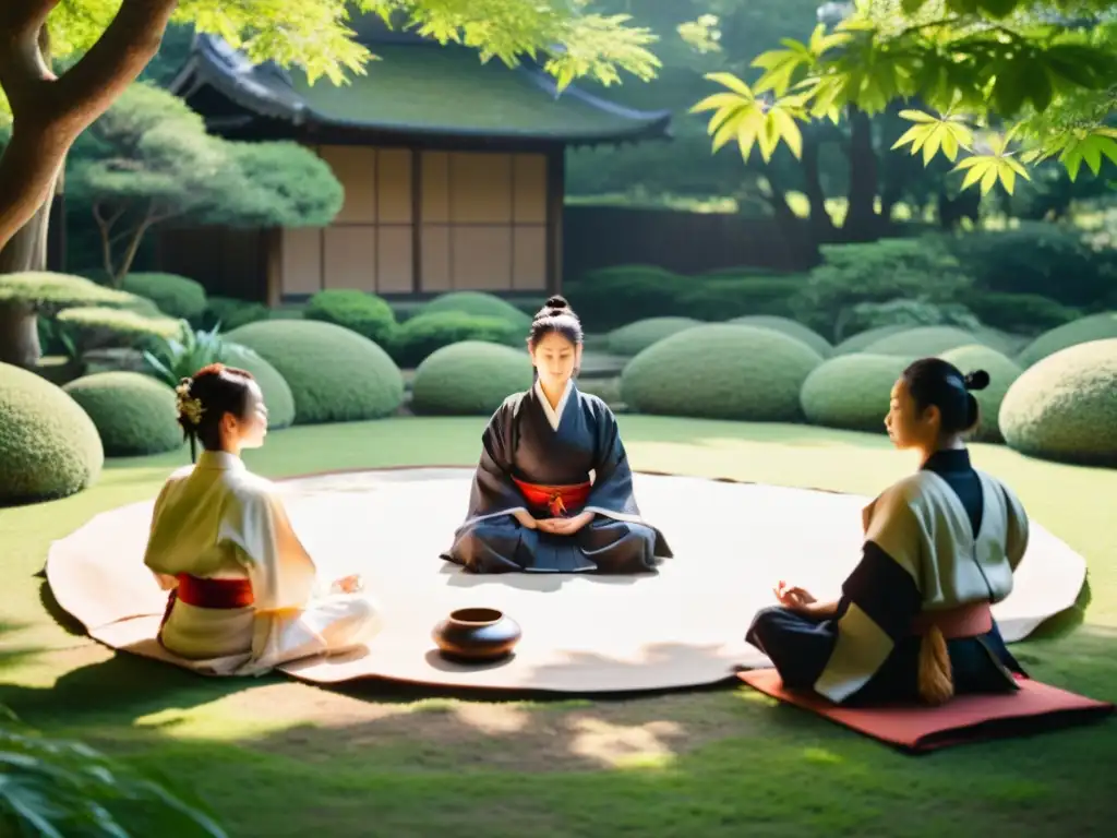 Grupo de samuráis meditando en jardín sereno, evocando retiros espirituales samurái meditación arte