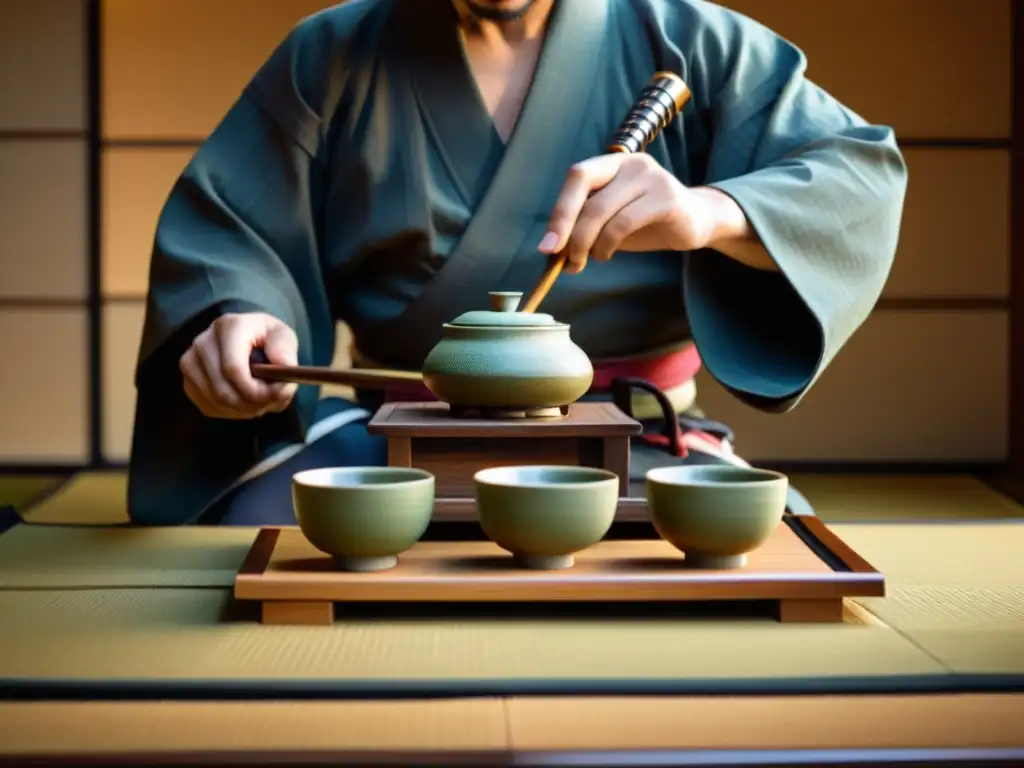 Un grupo de samuráis realiza una solemne Ceremonia del té samurái en una habitación serena con kimonos elegantes y utensilios de té