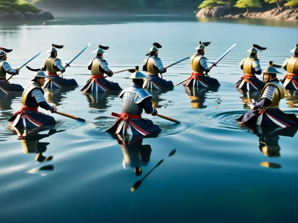 Un grupo de samuráis practicando tácticas acuáticas con maestría, reflejando disciplina y destreza en el combate marítimo