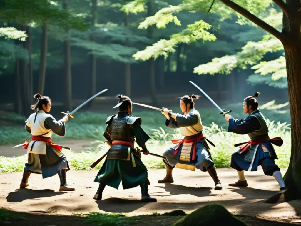 Grupo de samuráis practicando técnicas de esgrima en un bosque, con luz filtrada entre las hojas