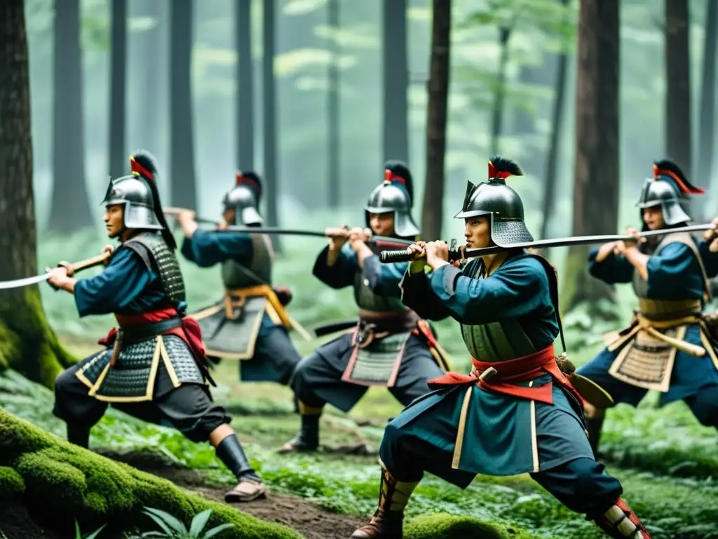 Un grupo de samuráis entrenando técnicas de supervivencia en un denso bosque, con armaduras y armas tradicionales