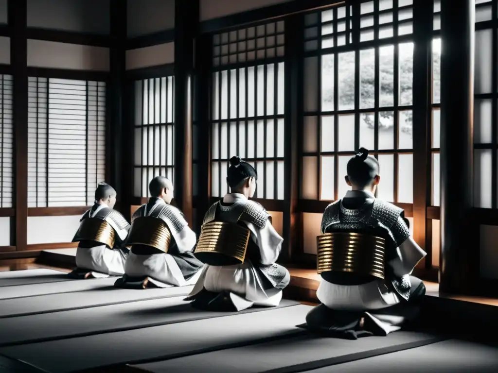 Grupo de samuráis meditando en un templo japonés, la filosofía budista influencia su vida y combate