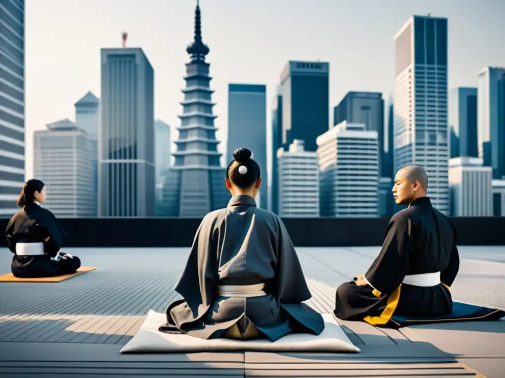 Grupo de samuráis urbanos en meditación Zazen, integrando tradición en la vida moderna