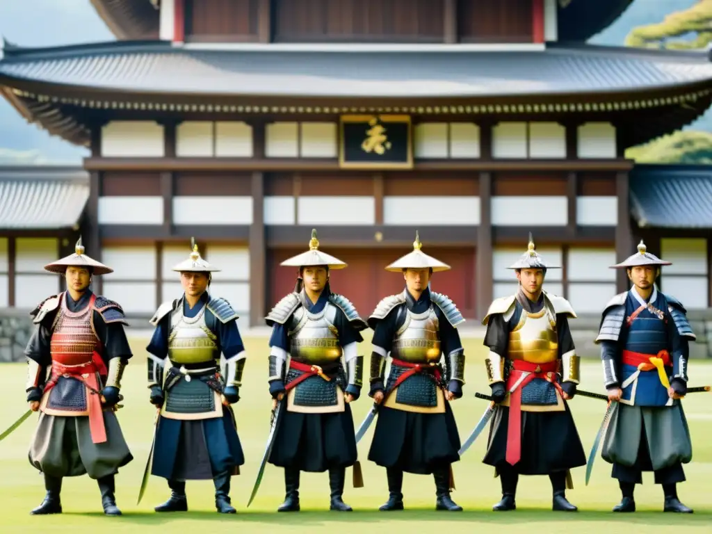 Un grupo de 47 samuráis, vestidos con armaduras tradicionales y portando katanas, se alinean solemnemente frente a un majestuoso castillo japonés