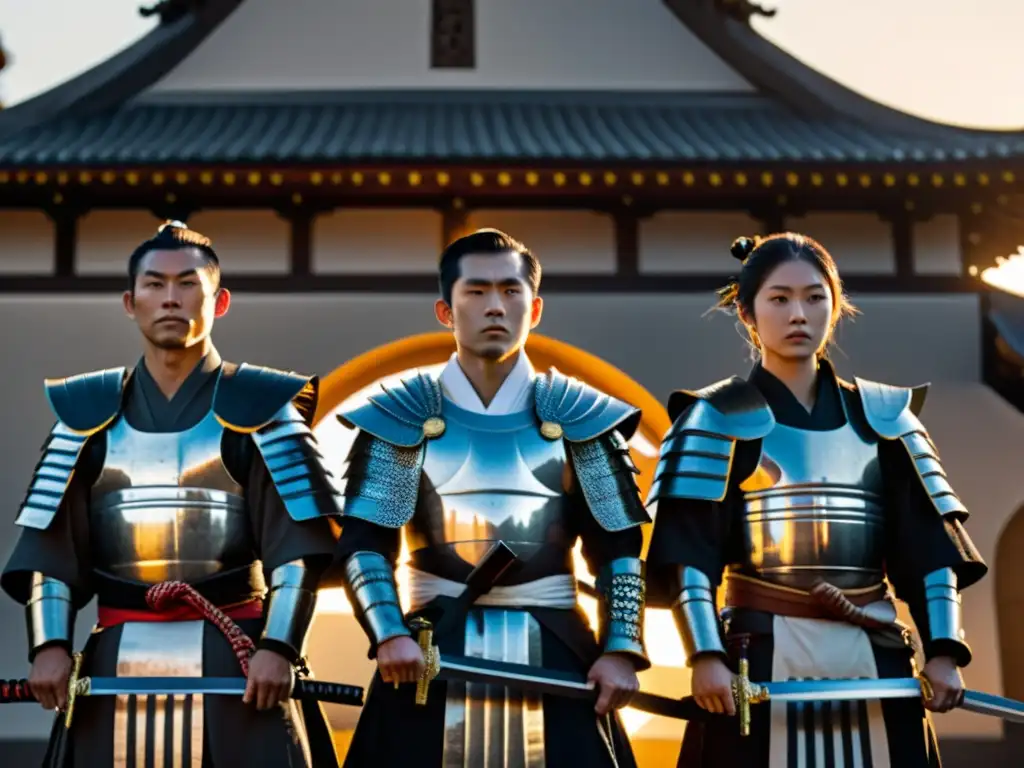 Un grupo de samuráis vestidos con armaduras tradicionales y portando katanas, frente a una iglesia cristiana al atardecer