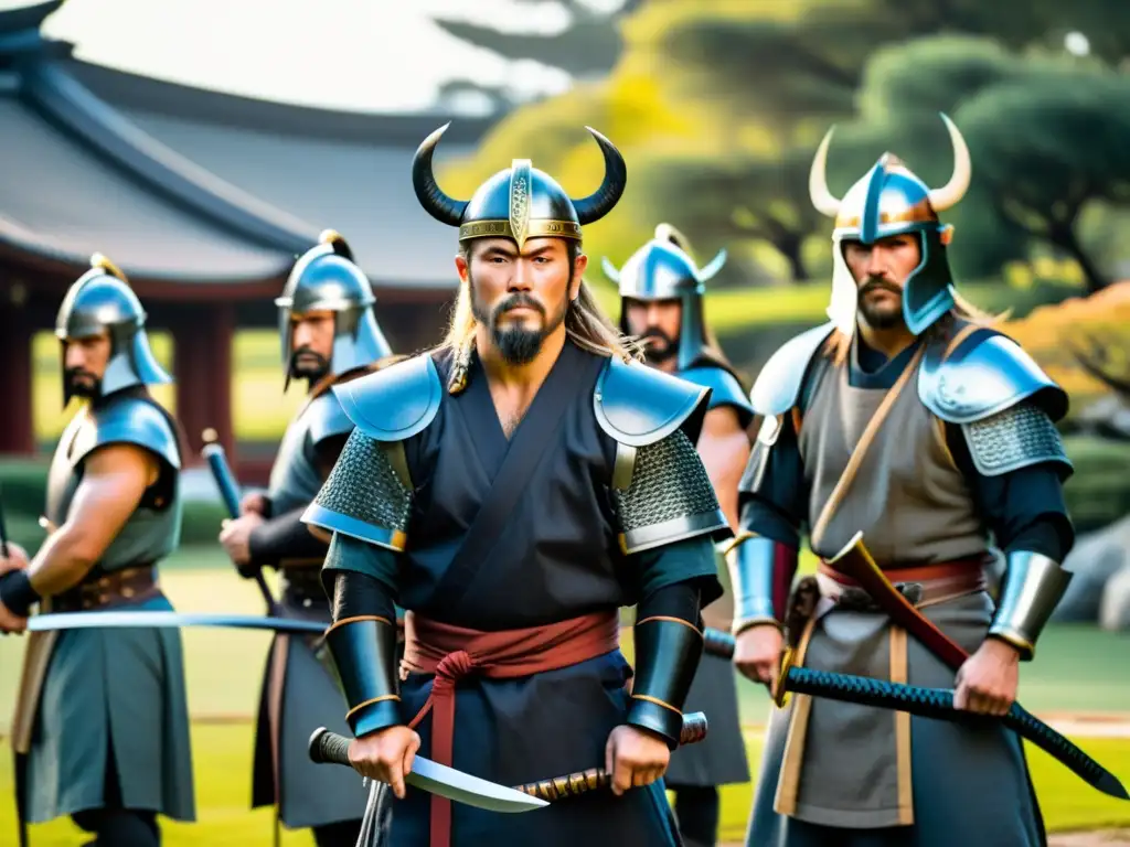 Un grupo de samuráis y vikingos en un jardín japonés, listos para la batalla