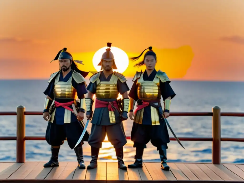 Grupo de samuráis y wokou en barco al atardecer, destacando la dualidad samuráis Wokou sociedad japonesa