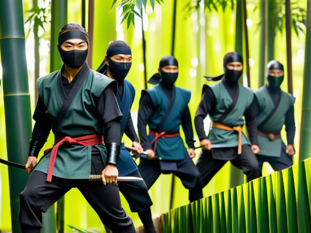 Un grupo de sigilosos guerreros ninja avanza entre un denso bosque de bambú, listos para un enfrentamiento