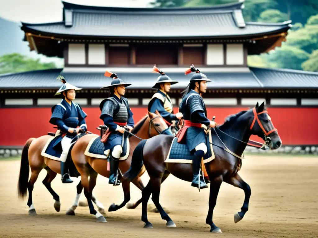 Un grupo de sirvientes y samuráis preparan armas y atienden a caballos en un castillo japonés, mostrando la red de apoyo detrás élite samurái