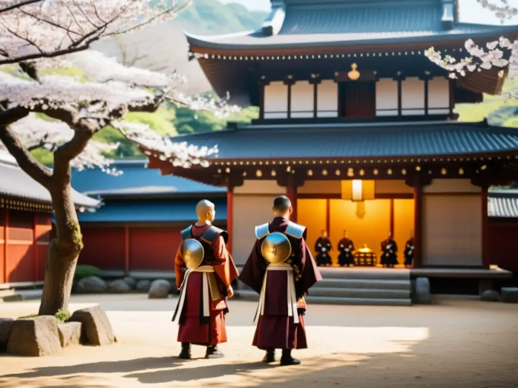 Guerreros Sohei en Templo Japonés Grupo de Sohei en armadura samurái, bajo los cerezos en flor, listos para una demostración de artes marciales en un templo sagrado