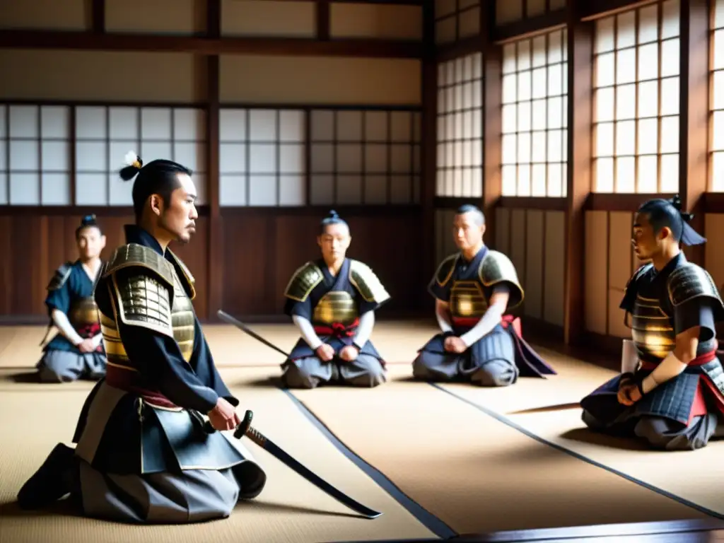 Un grupo de soldados extranjeros en entrenamiento de samuráis, siguiendo las enseñanzas de un sensei japonés en un dojo iluminado con luz tenue