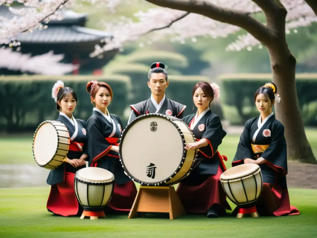 Un grupo de tambores taiko japonés, vistiendo trajes de samurái, interpretando música inspirada en la cultura samurái bajo los cerezos en flor