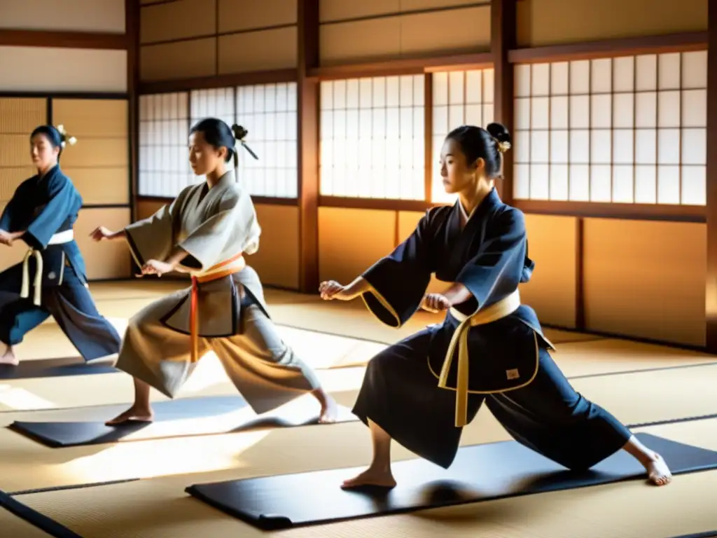 Grupo con trajes japoneses practica elegante naginatajutsu en dojo soleado, transmitiendo la elegancia atemporal del arte en ceremonias japonesas