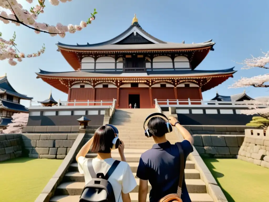 Un grupo de turistas usando auriculares de realidad aumentada para explorar un castillo samurái, rodeado de cerezos en flor