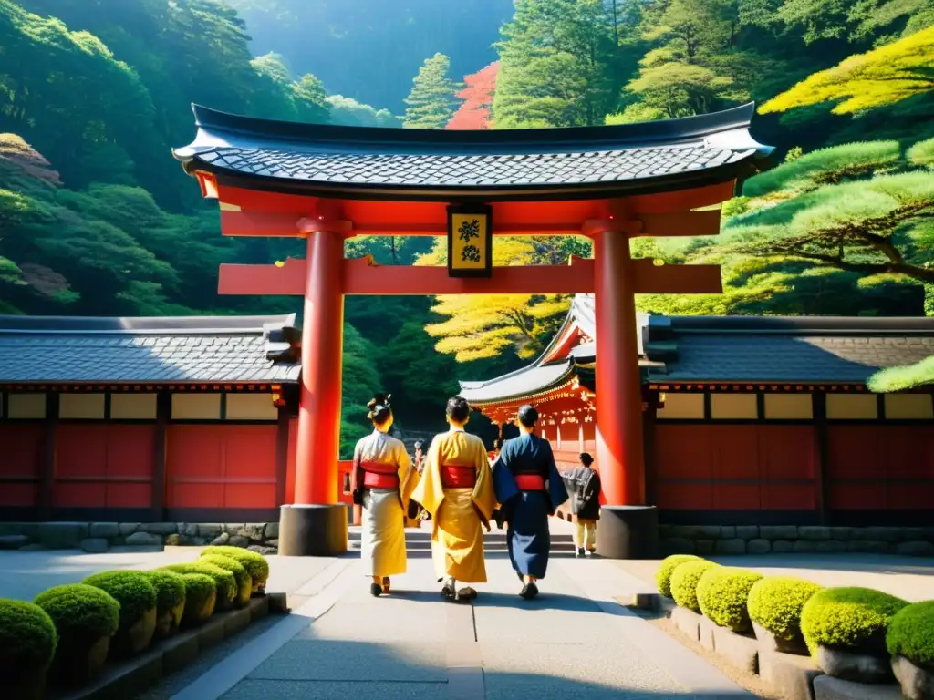 Grupo de turistas vistiendo kimonos tradicionales, frente a majestuoso torii en el Santuario Toshogu en Nikko, honrando la Tradición Samurai en Nikko