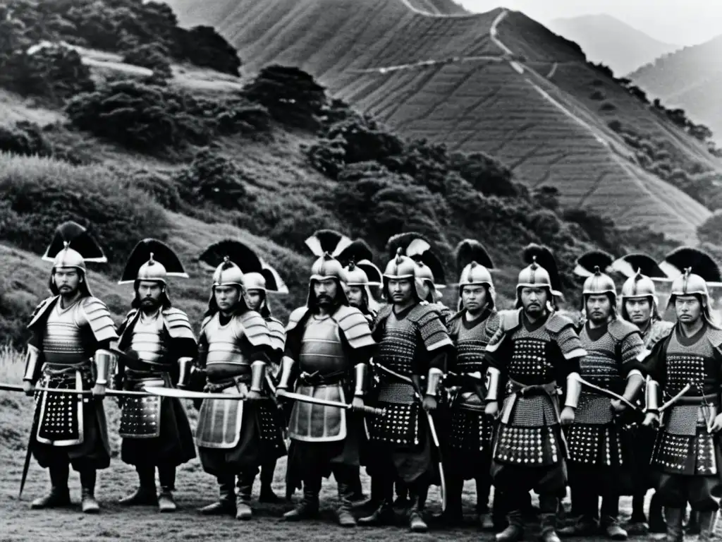 Un grupo de valientes samuráis en formación defensiva, listos para el combate en la película clásica 'Seven Samurai' de Akira Kurosawa