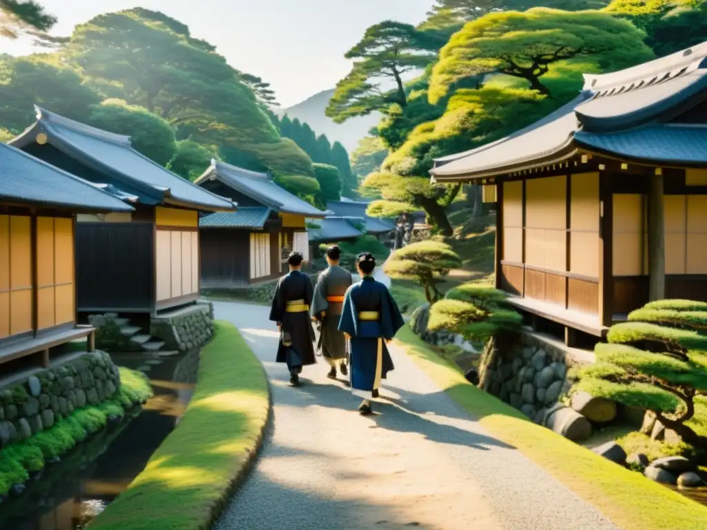 Un grupo de viajeros en trajes de samurái camina por un sendero arbolado en Japón