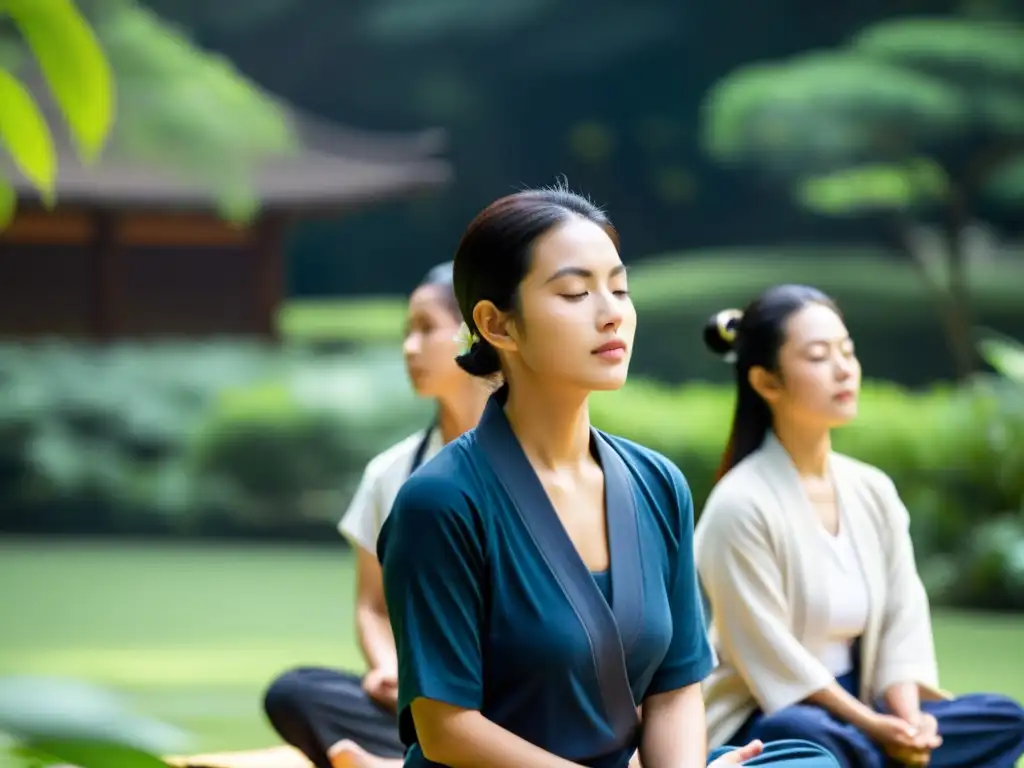 Grupo meditando en jardín zen, practicando Kinhin para la claridad mental