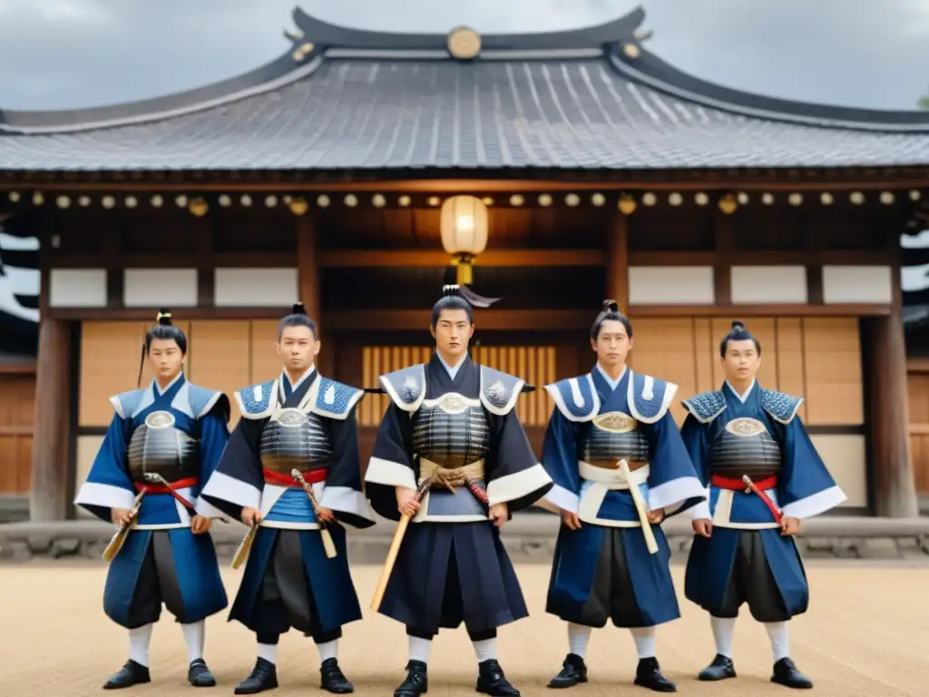 Samuráis del Shinsengumi en formación, listos para la batalla Guardia samurái Shinsengumi en formación frente a un edificio japonés tradicional, listos para la batalla bajo un cielo nublado