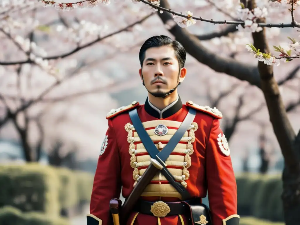 Un guardia de la Guardia Imperial Japonesa destaca con su uniforme rojo y dorado, sosteniendo un reluciente katana, rodeado de cerezos en flor