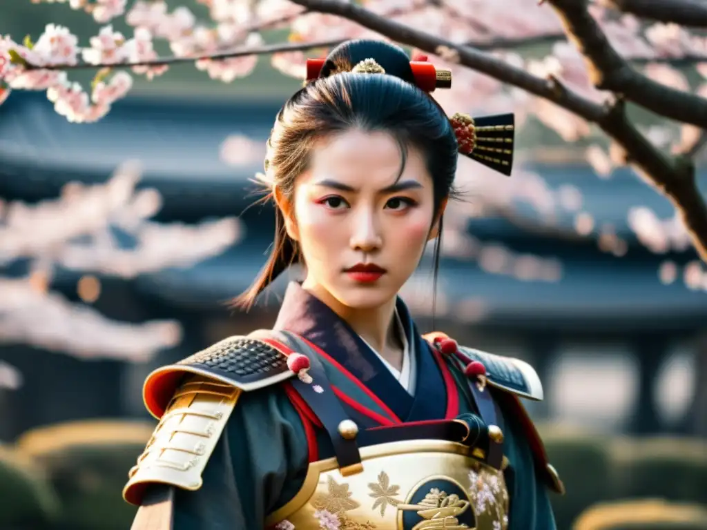 Una guerrera samurái, OnnaBugeisha, con armadura tradicional y katana, refleja el rol de la mujer samurái con determinación y fuerza en un escenario de serenidad y poder entre los cerezos en flor